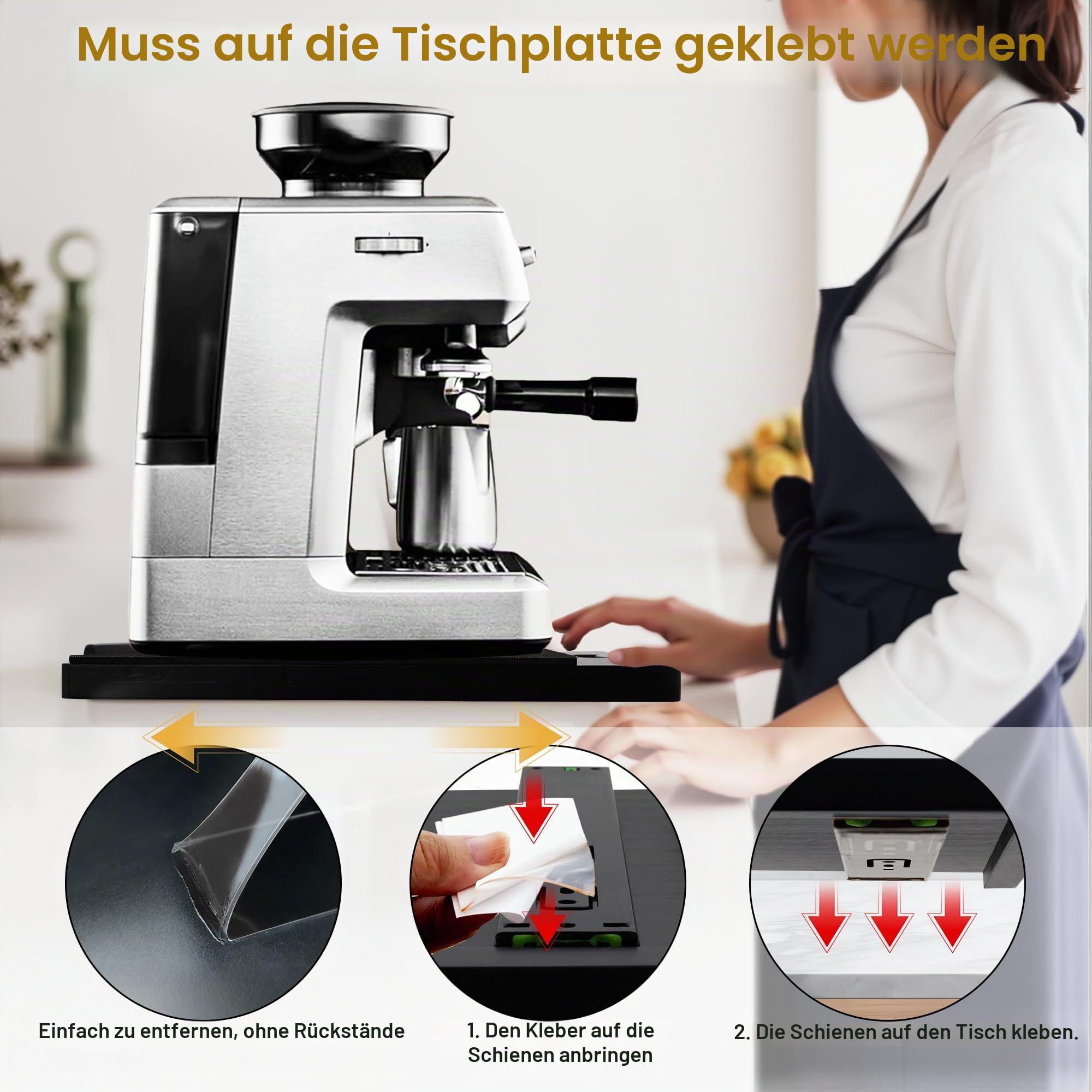 MinBoo Bambus-Geräteschieber, Schiebe-Tablett für Kaffeemaschine, Küchen-Arbeitsplatte, Rolltablett, lässt Sich leicht unter den Schrank schieben, breit, schwarz, groß (40,6 cm B x 33 T)