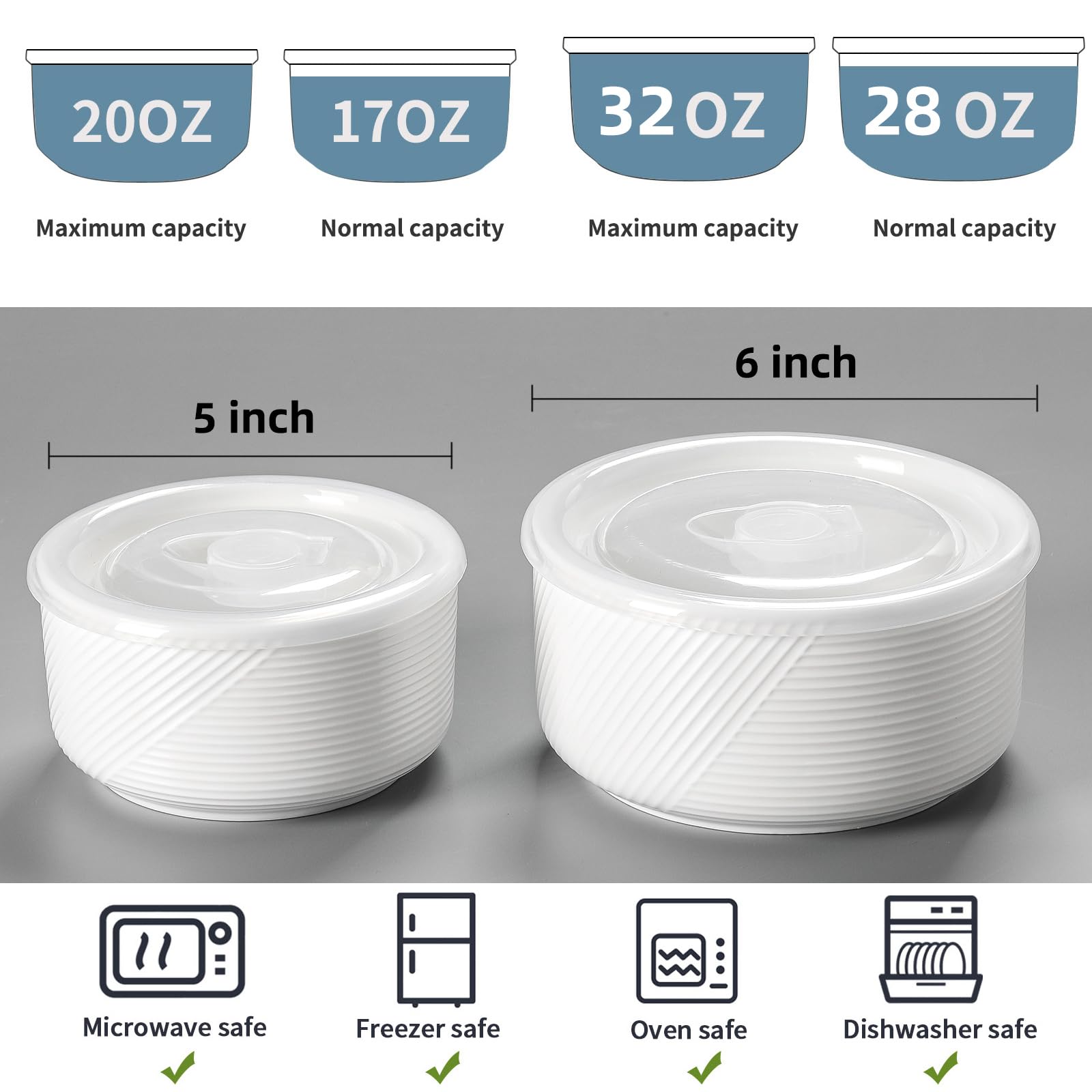 Adewnest Ceramic Nesting Bowls with Lid: Microwave Safe Food Storage Containers for Work Lunch Picnic Camping Meal Prep Soup Salad Cereal Leftovers - 5 & 6 Inch, 20 & 32 oz, Set of 2, White