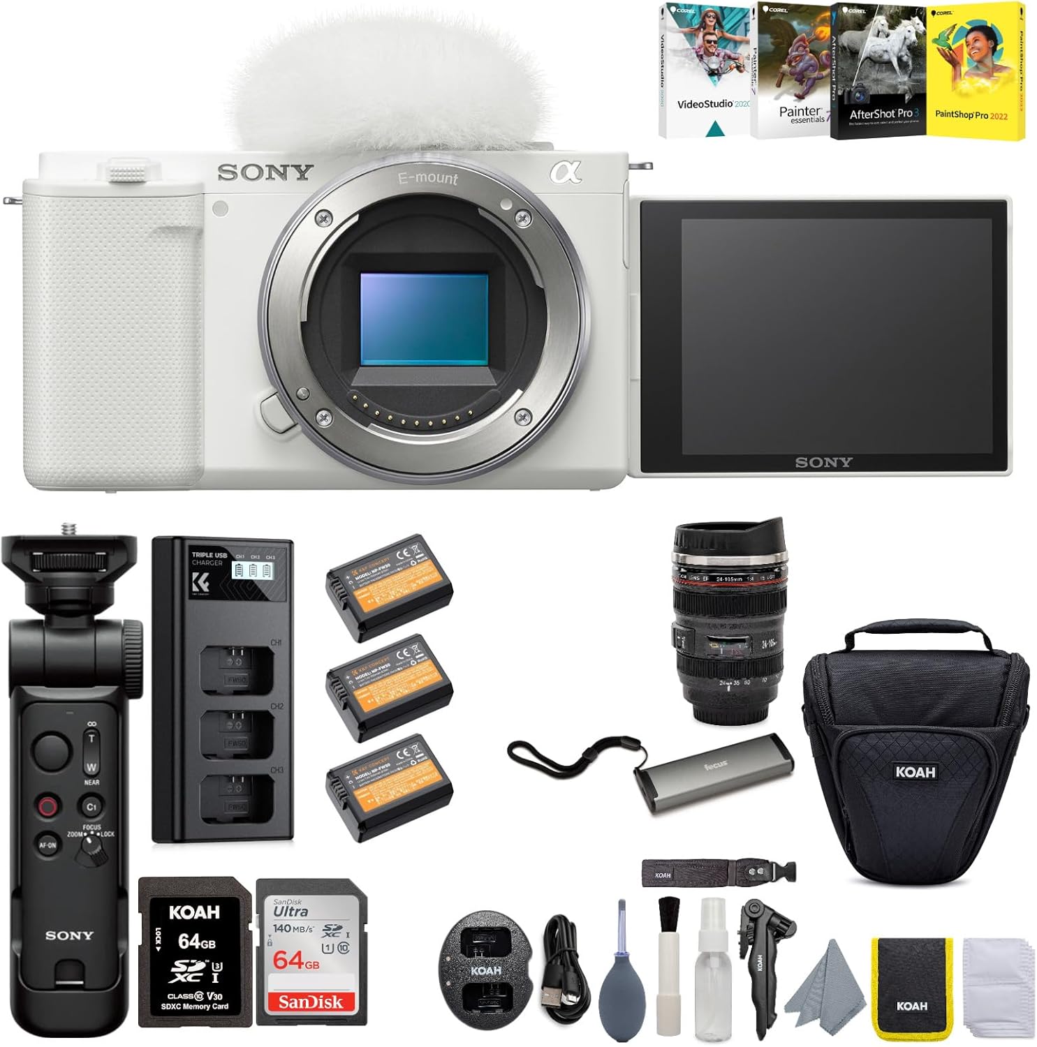 Sony Alpha ZV-E10 APS-C Interchangeable Lens Mirrorless Vlog Camera Bundle with Camera Grip, Software Suite, Battery and Charger, Case and Accessory, Memory Card, Carrying Case, and Lens Mug (8 Items)