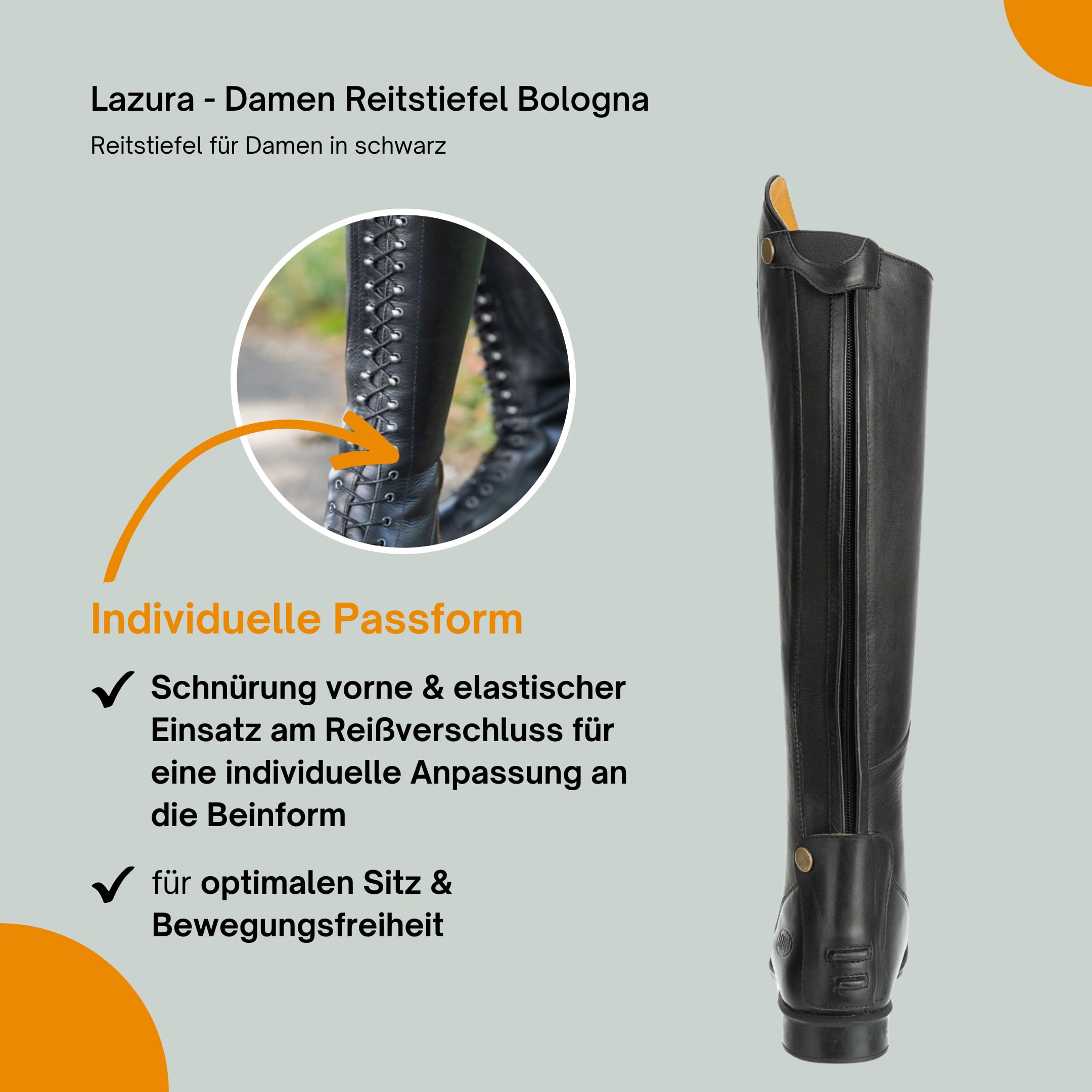 Lazura - Damen Reitstiefel Bologna in Braun oder Schwarz | Lederstiefel Mit Schnürung Vorn & Reißverschluss Hinten | Polo Reitstiefel | Größen 36-42