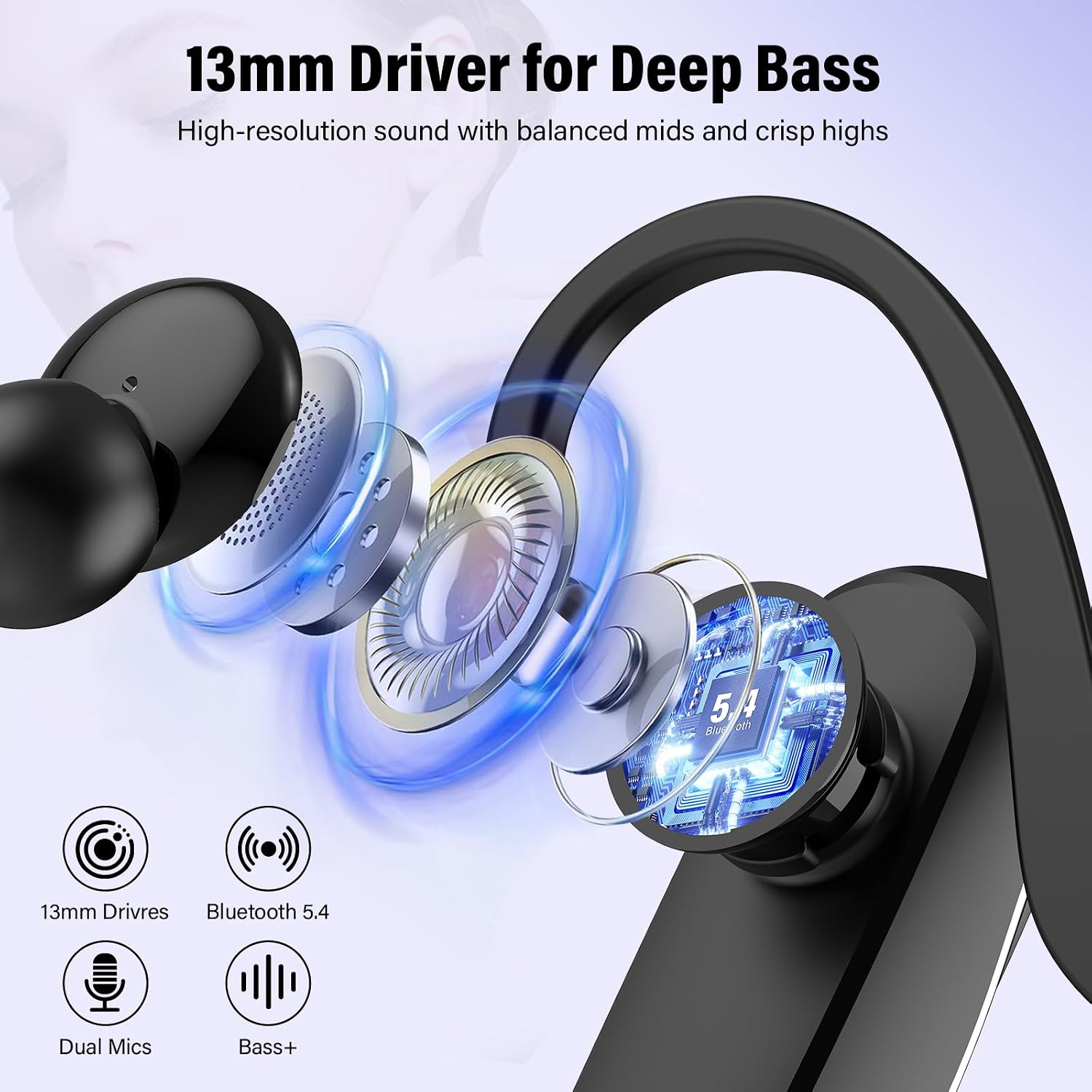 Bluetooth Headset V5.4, Wireless Bluetooth Earpiece with Built-in Dual ENC Mic 10Hrs Talk Time 180 Days Standby for Cell Phone Computer, Mute Buttons Hands-Free Headphones for Trucker/Driver/Business