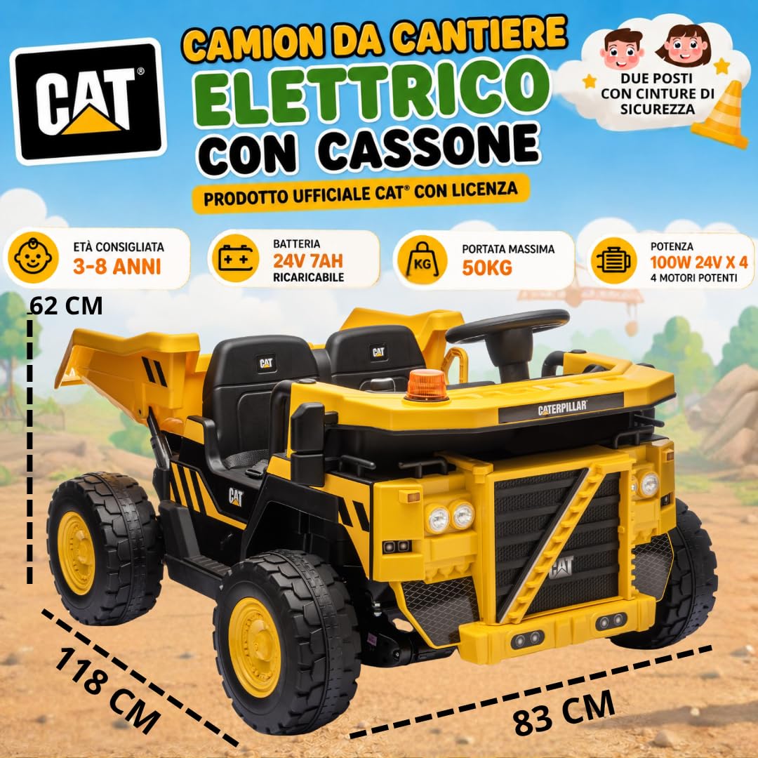 Camion 24V Macchina 4x4 Elettrica 2 Posti Caterpillar da Cantiere Bambini Cassone Elettrico Ribaltabile e Pala Telecomando Parentale Luci Led Sirena Ammortizzatori Carico Massimo 50Kg (Dump Truck)