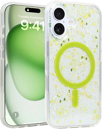 for iPhone 16 Plus Womens Magnetic Case Compatible MagSafe Clear Ultra-Thin Cover with Floral Pattern and Gold Glitter, Shockproof and Airbag Corners