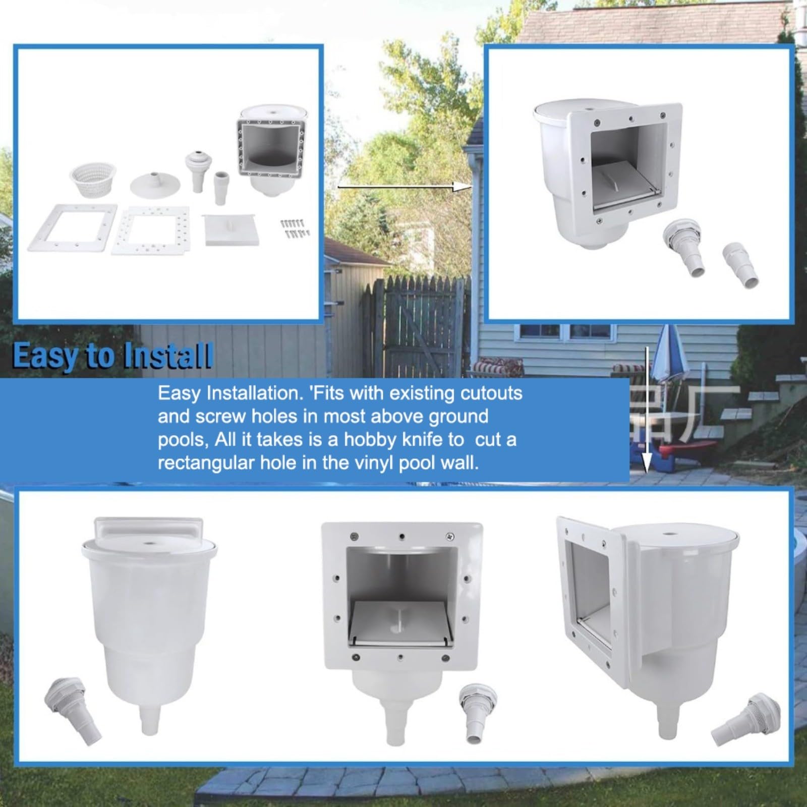 Skimmer per piscina fuori terra, 1 set con apertura da 15,2 cm e accessori di installazione completi, in plastica bianca, 32 x 24 cm, compatibile con la maggior parte