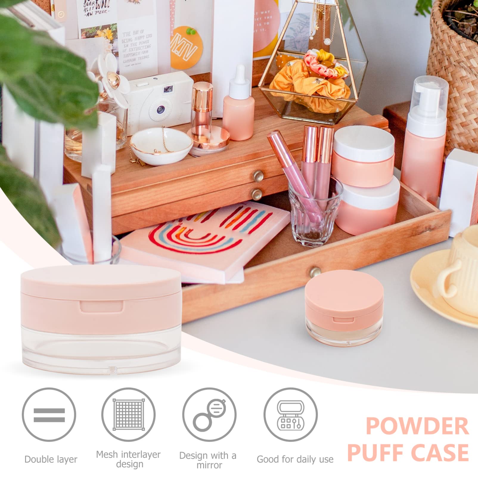 minkissy 2pcs Elastic Plastic Mesh Mini Makeup Containers Set Travel Powder Case with Mirror Makeup Sponge Puff Holder Small Containers Lids for Daily Use