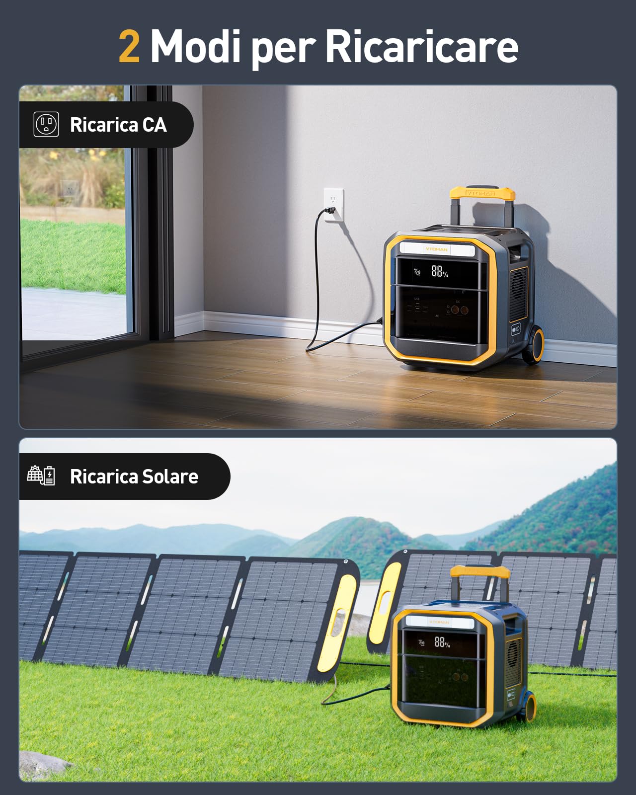 VTOMAN FlashSpeed Pro3600 3096Wh Centrale Elettrica Portatile (Picco 7200W) | Ricarica Rapida 0-100% in 2 ore, UPS<20ms, LCD, 14 Ingressi di Ricarica Versatili per Casa, Campeggio,Pesca