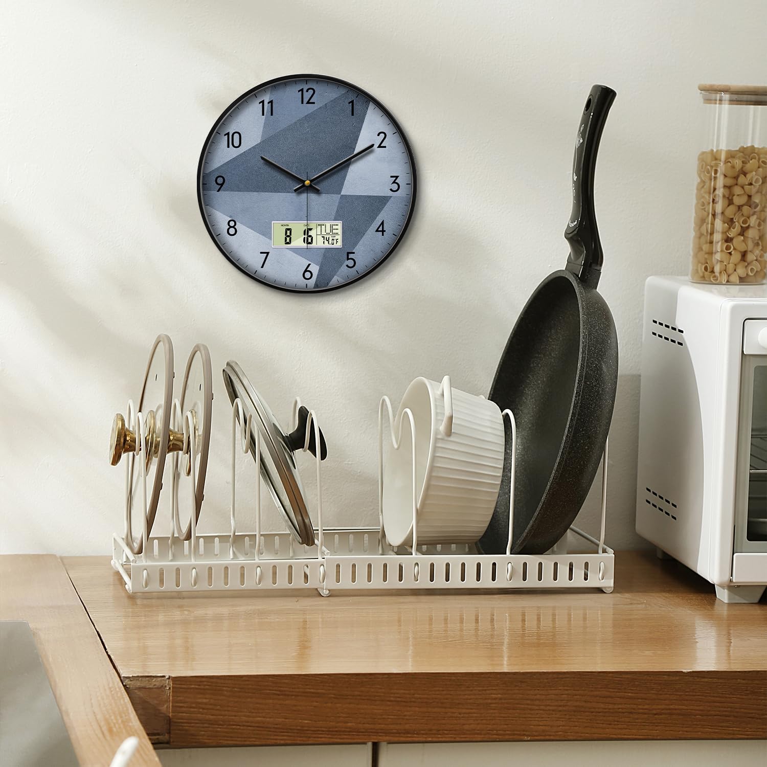 SCAOGE Industrial Wall Clock with Day Week Temperature Grayish Blue Non-Ticking Digital Clocks Large Display Battery Operated Wall Mount Analog Clock with Date for Living Room Bedroom Decor 12 Inch