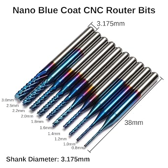 Genmitsu MC40A End Mill Set with a Total of 40 CNC Router Bits 3.175 mm (1/8 Inch) Shank CNC Cutter Set with 2 Flutes Flat and Ball End Mills Nano Blue Coating and Titanium Coating