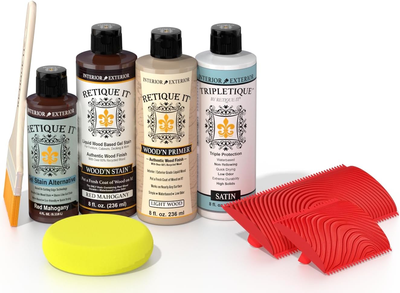 Retique It Wood Finish Tabletop Kit  GO Beyond Faux Wood with Paintable Liquid Wood Based Primer and Gel Stain - Graining Tools Included (Tabletop Kit, Red Mahogany)