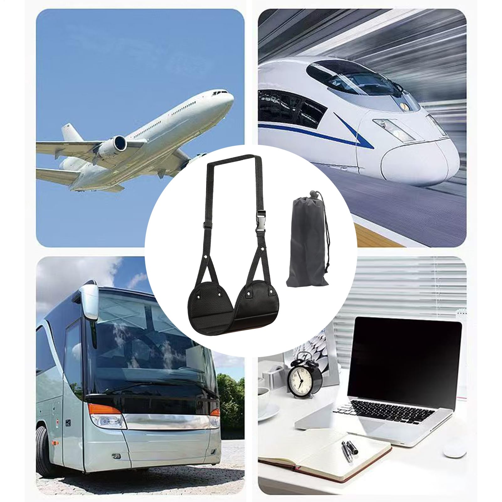 Airplane Foot Hammock, Adjustable Height Travel Foot Sling, Portable Feet Rest Hanger Soft Pad Support, Ideal for Long Flights, Car Travel, Train Commute, High-Speed Rail Comfort, 49x43.5cm Black