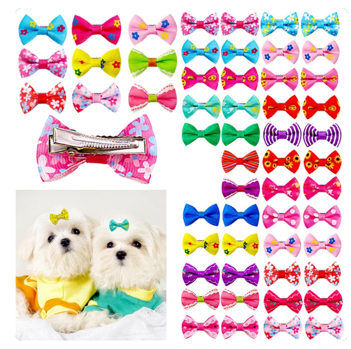 Lot de 20 Pinces à Cheveux pour Petit Chien et Chat avec Nœud Floral - Barrettes et Accessoires de Toilettage pour Animaux de Compagnie