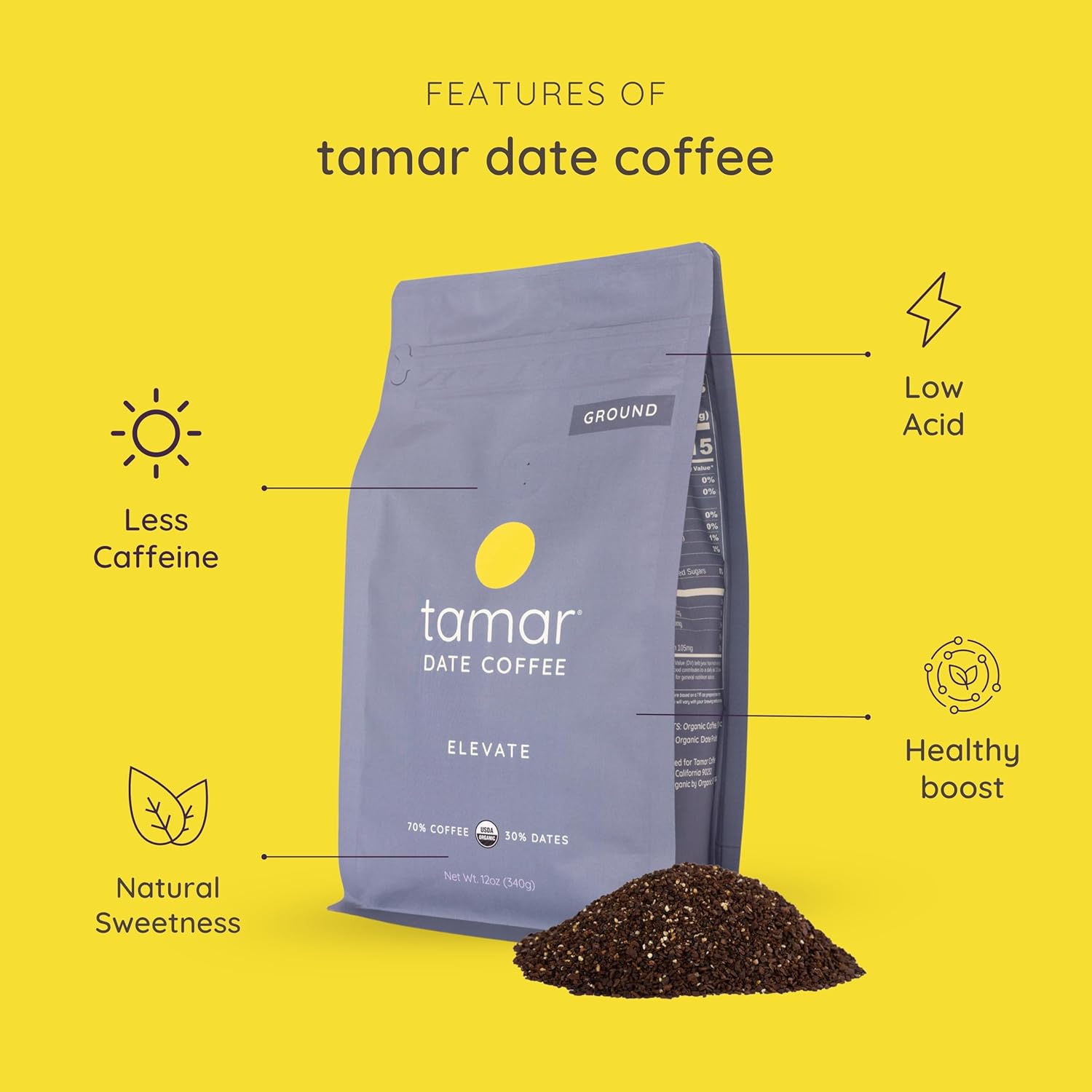Elevate by Tamar Date Coffee | Organic Blend of Coffee & Whole Dates | Low Acid Ground Coffee | Healthy Sweetness | Lower Caffeine | Tested for Mold, Mycotoxins & Heavy Metals | Medium Roast | 12oz bag