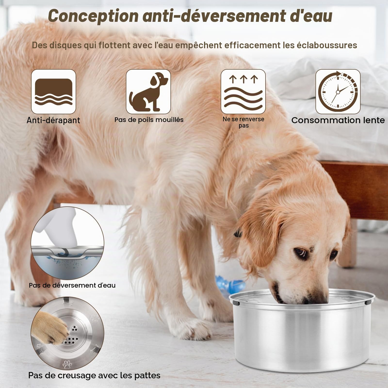 Gamelle pour Chien - 3L Eau Chien Inoxydable, Anti Eclaboussure et Anti Débordement