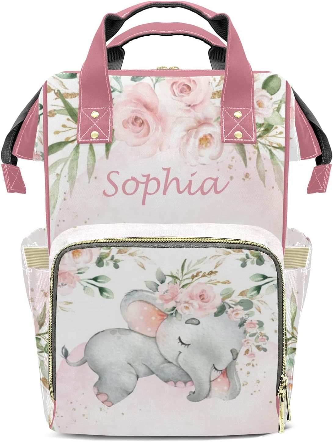 Pink Elephant Flower Diaper Bag Backpack Multifunction Bags with Changing Pad Unisex Stylish Travel Back Pack Nappy Custom Bag for Moms Dads