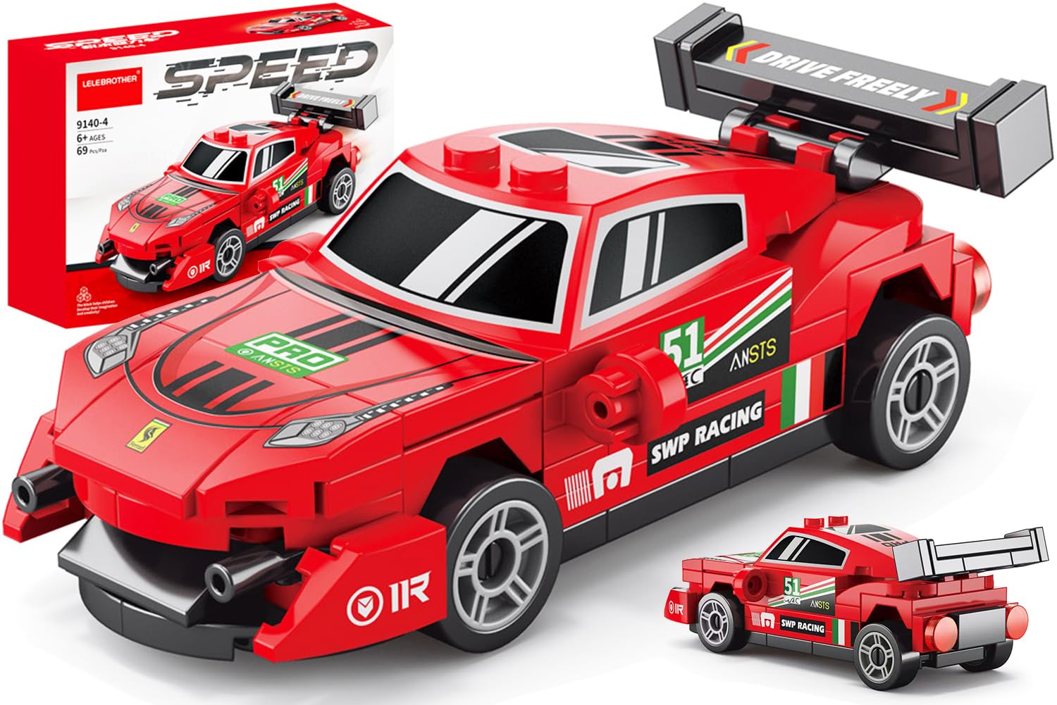 Sports Car Building Blocks, Car Modle Building Kit Mini Buildings Bricks Racingcar Buildings Toy 3D Puzzle Vehicle Construction Toy Desk Ornament Racing Gifts (Red)