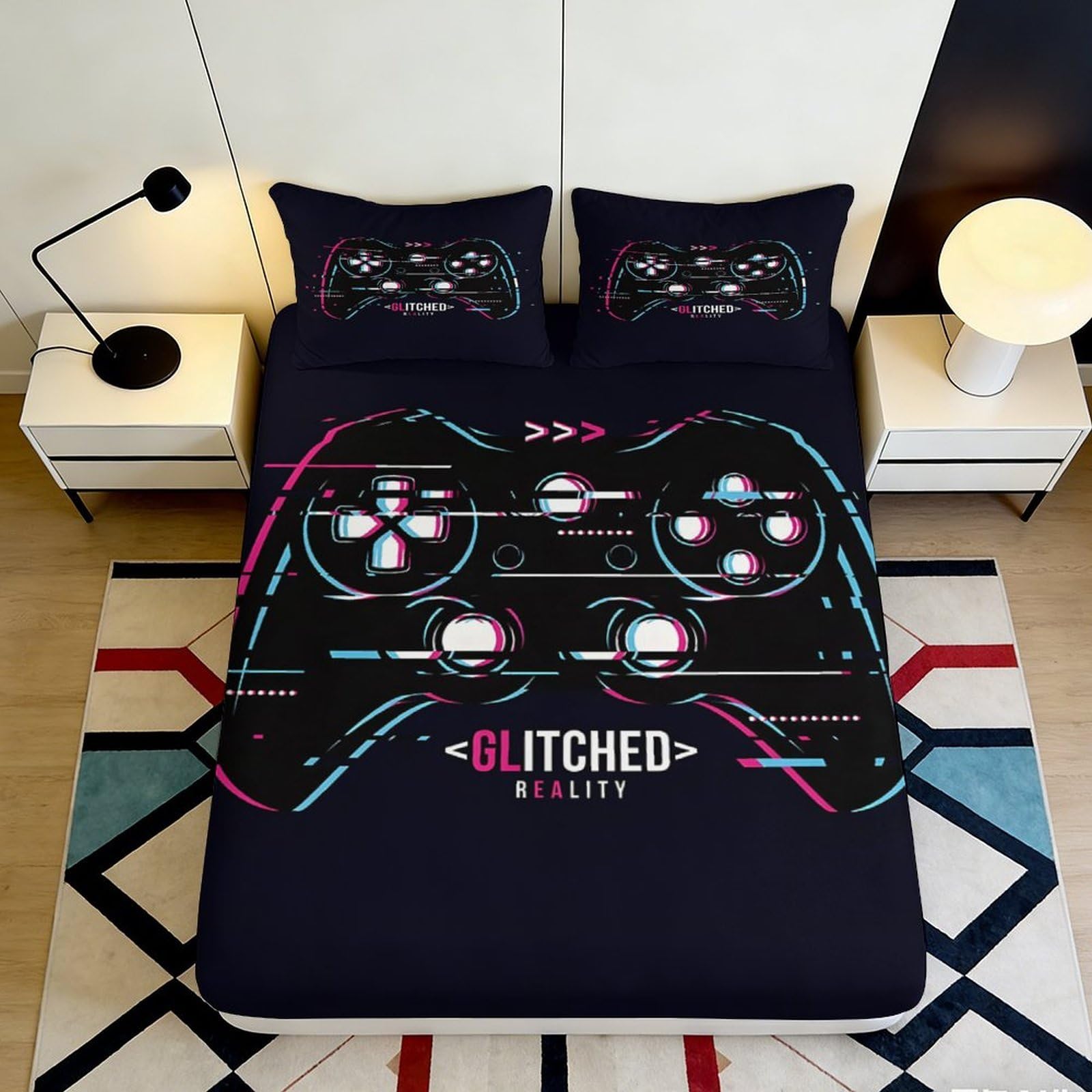 3D Printed Gamepad Pattern Fitted Sheet Microfiber Deep Pocket Non-Slip Bedding Set Gamer Mattress Fitted Cover for Bedroom 200x200x25cm 90x200x25cm