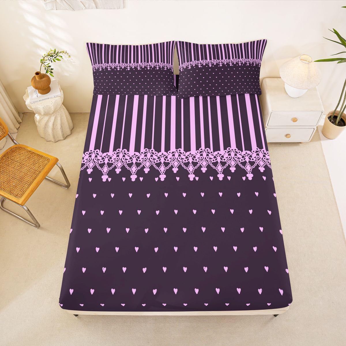 Erosebridal Purple Black Striped Bed Sheets Queen for Girls Boys Kids image 3