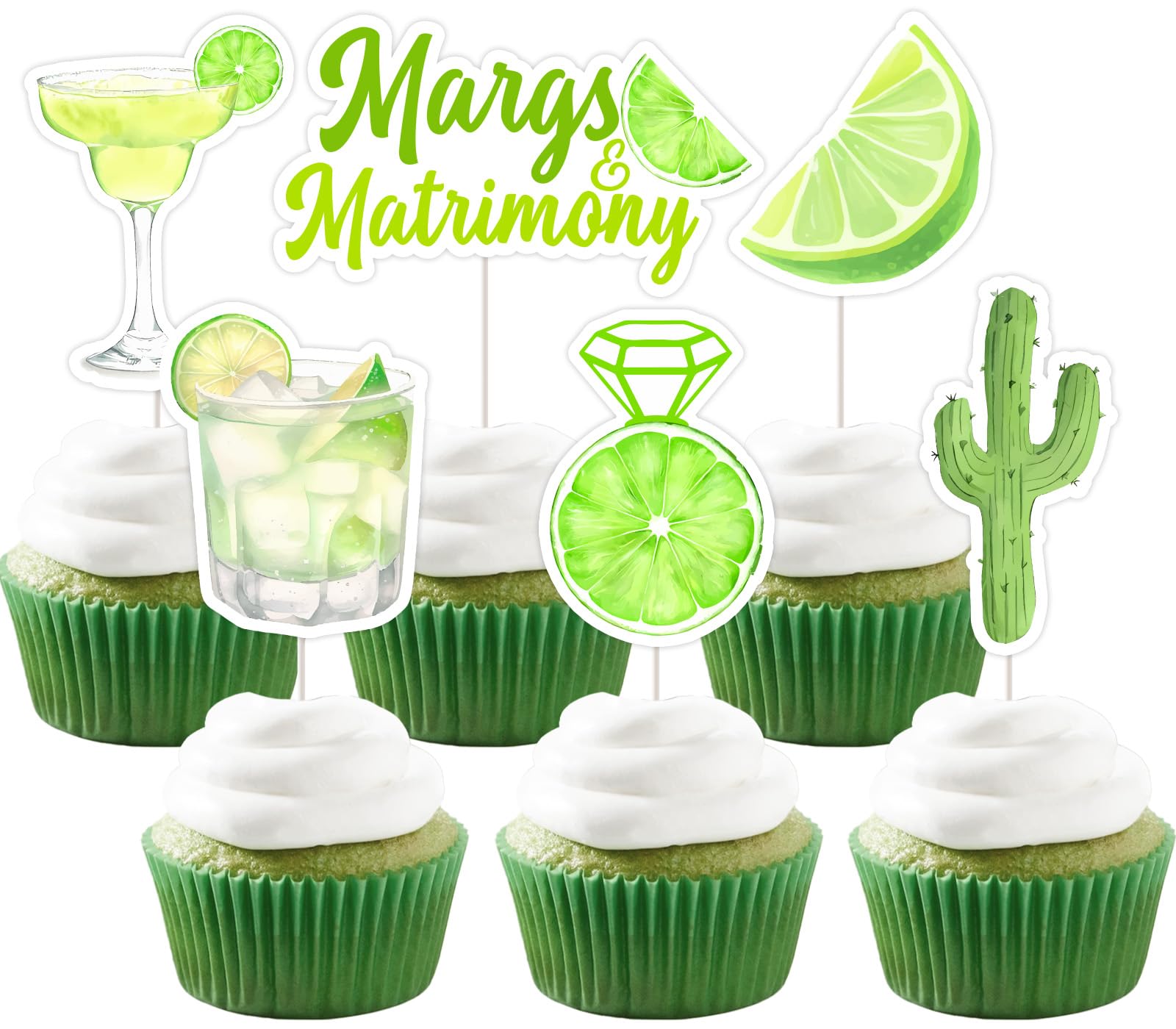JOYMEMO 24 Pcs Margs & Matrimony Bachelorette Cupcake Toppers - Green Margarita Bridal Shower Decorations, Margaritas and Matrimony Bridal Shower Cake Decor for Mexican Fiesta Wedding Party
