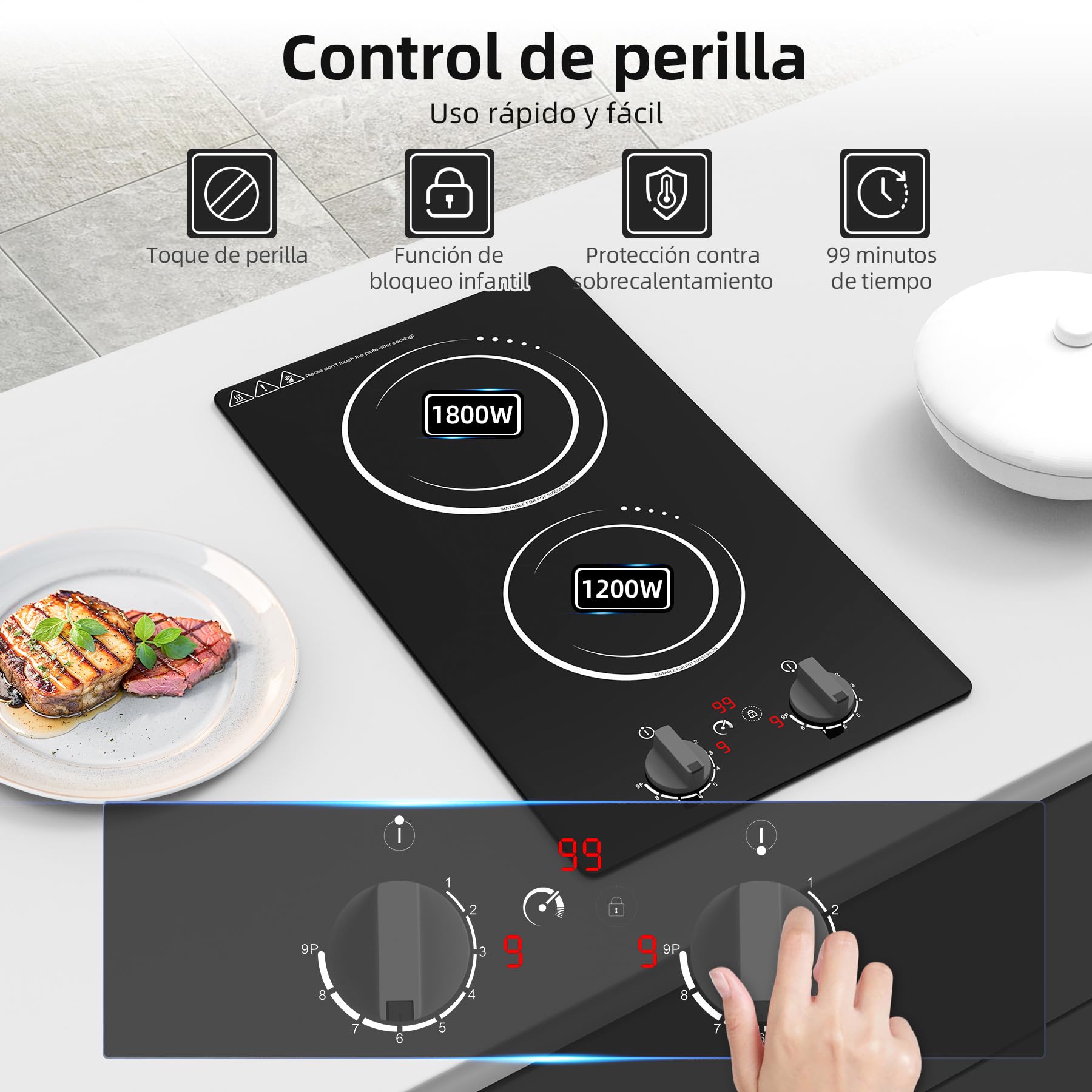 VBGK placa induccion 2 zonas,220V 3000W induccion 2 fuegos con pantalla táctil LCD, 10 niveles de ajuste, bloqueo de seguridad para niños y temporizador