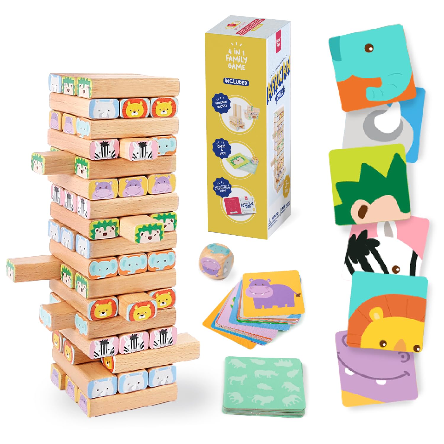 Nene Toys Wooden Block Stacking Game  4-in-1 Tumble Tower Family Board Game with Building Blocks, Cards and Dice  African Safari Educational Wooden Toy for Kids 3-9 Years Old about Animals