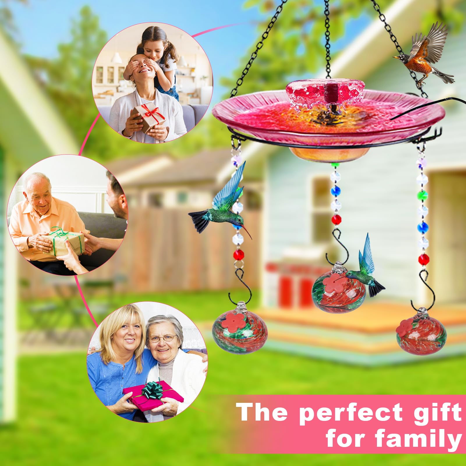 Headak Life Comedero de colibrí de vidrio soplado a mano para exteriores y baño de pájaros, 2 en 1 para pájaros pequeños, comedero colgante para colibríes, baño para pájaros para exteriores con bomba