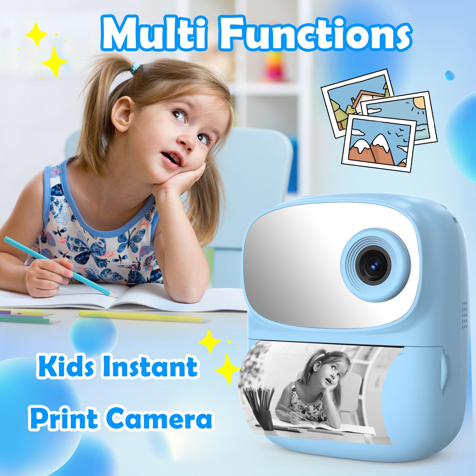 Nueva cámara para niños con impresión instantánea con espejo, cámara digital selfie de doble lente HD 1080P con 3 rollos de papel de impresión y tarjeta de 32 G, regalos de cumpleaños para