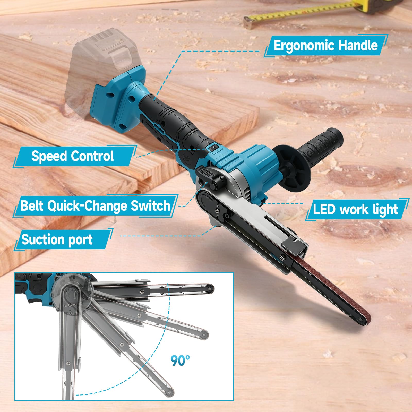 Akku-Bandschleifer kompatibel mit Makita 18 V, 9 x 533 mm, 6 Geschwindigkeitsstufen, bürstenloser Bandschleifer mit 24 Schleifbändern (40/60/80/120#) für Holz, Metall und Kunststoff