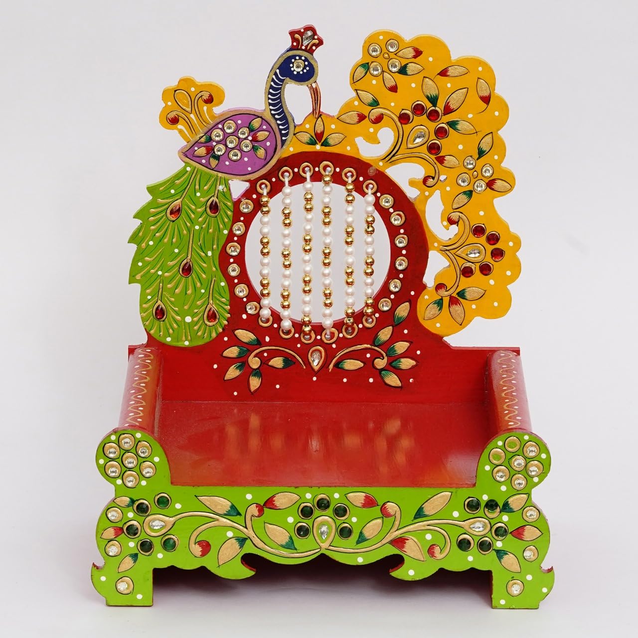 CAPIO ART EMBOSE Wooden Singhasan Peacock Shaped for Laddu Gopal Ganesha Krishna God Idols | Decorative Ladoo Gopal Pooja Chowki Sihasan for Temple Mandir Puja Idol Decoration Gifts Items (Height:15") - Image 2 thumbnail