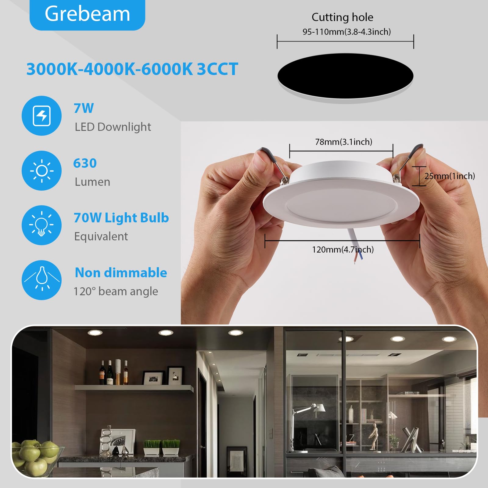 Grebeam 20 Pack LED Recessed Downlights, 7W, IP44 Bathroom & Kitchen Ceiling Spot Lights, 3CCT Adjustable (3000K/4000K/6000K) - Image 4
