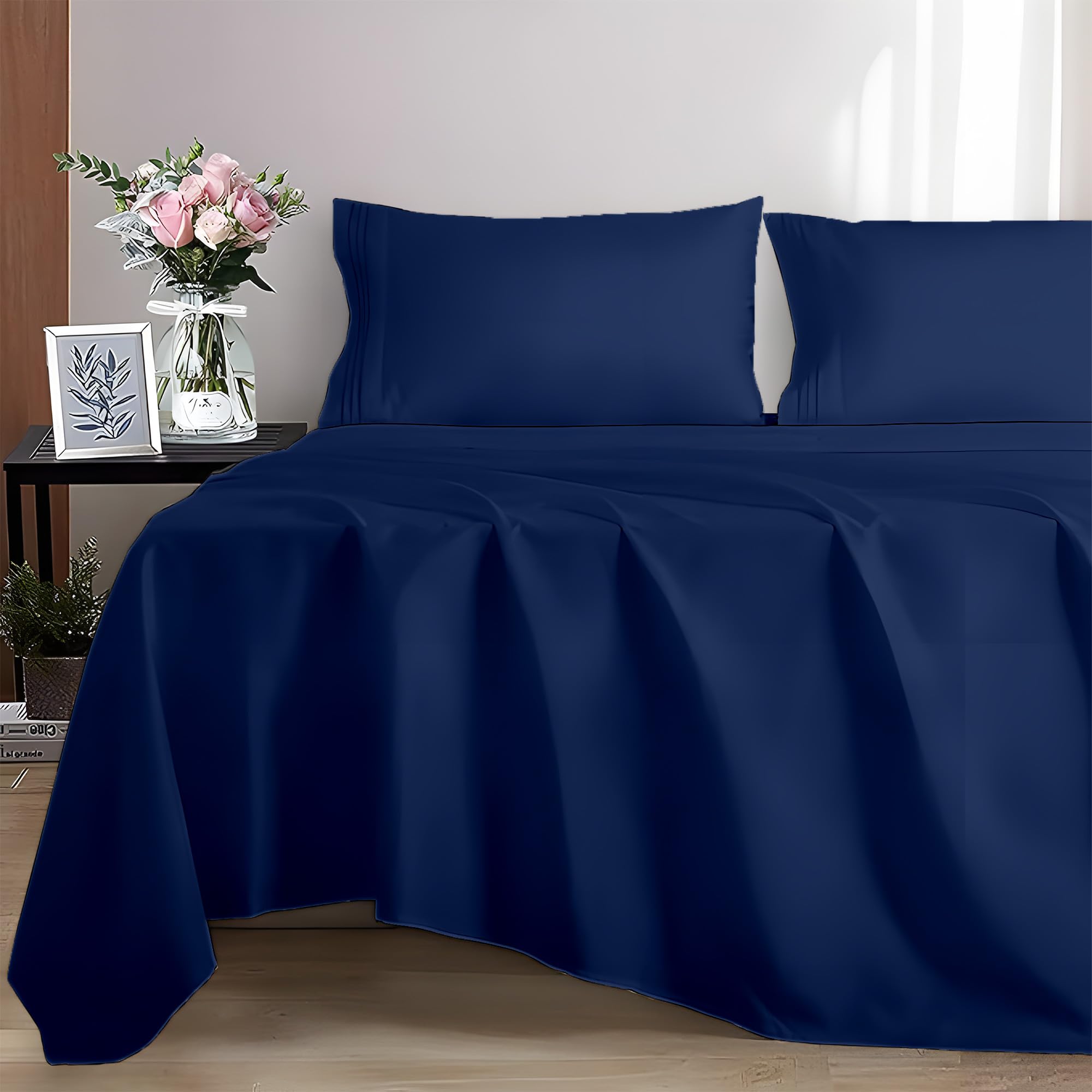 EverSoft Bedding 100% Egyptian cotton Flat Sheet, 400 Thread Count Ultra-Soft Long Staple Top Bed Sheet, Luxury Hotel Quality (Navy-Blue, Double)