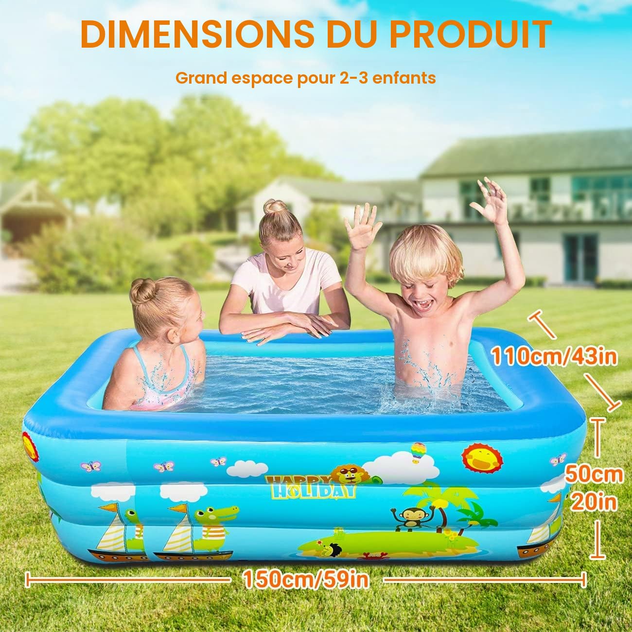 Jiosdo Grande piscine familiale gonflable pour enfants - 150 cm - Rectangulaire - Avec fond souple et gonflable - Pour l'été - Pour le plaisir de l'eau - Bleu