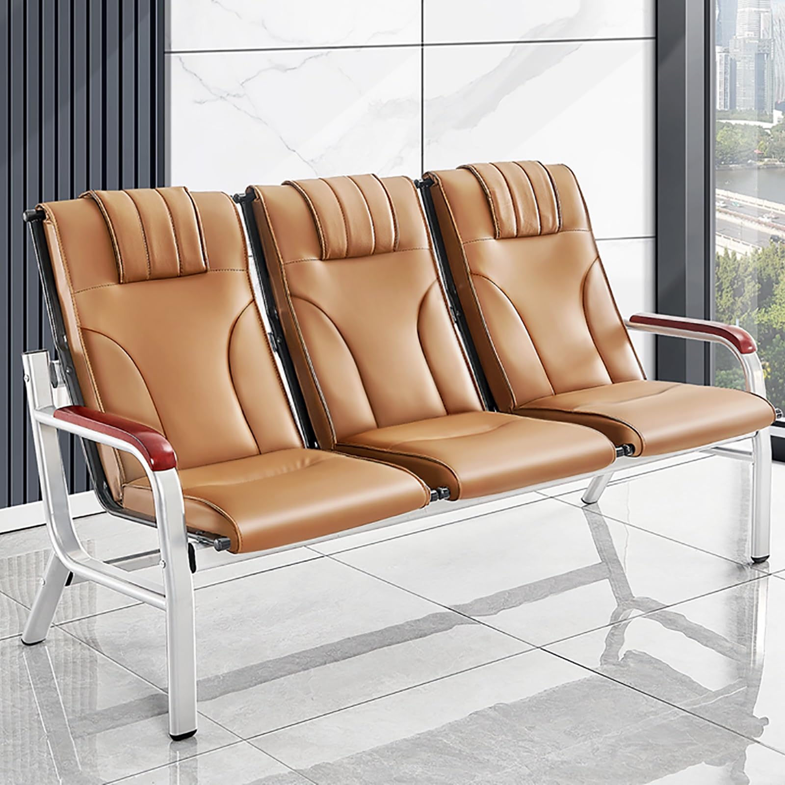 ASerZenith High Back Leather Reception Bench, 3-Seat Waiting Chair With Armrests For Airports, Businesses, Hospitals, And Markets,Beige