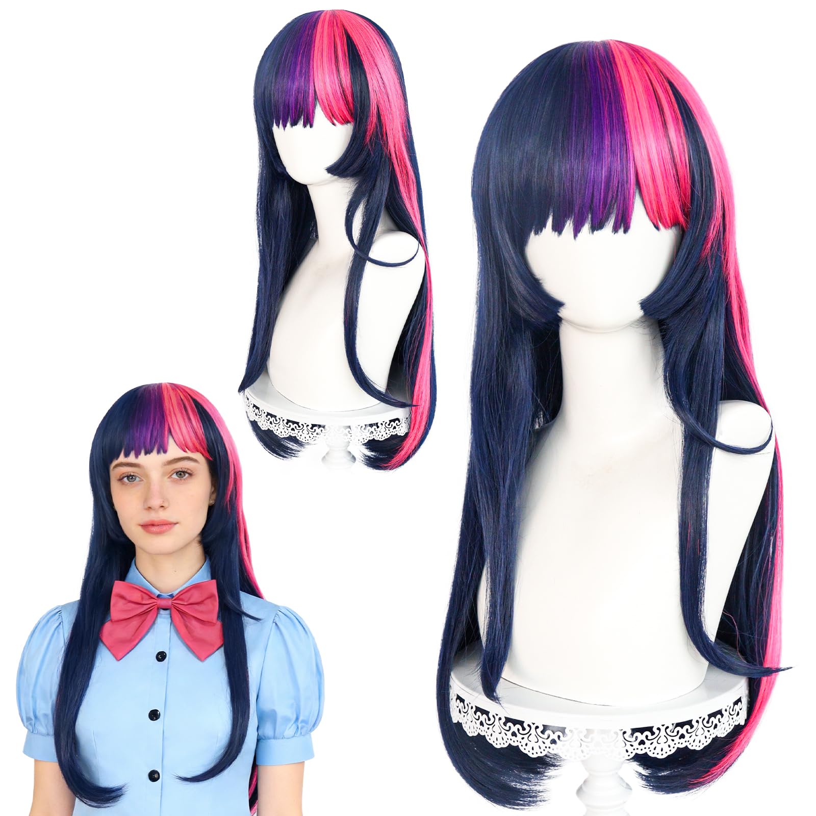 Parrucca Cosplay Anime Rosa Viola Parrucche Lunghe Viola e Rosse Per Uomo Donna Cartone Animato Cosplay Capelli Carnevale Carnevale Mascherata