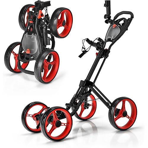 GYMAX Folding Golf Push Cart, 4 Wheel Height Adjustable Golf Trolley with Flexible Umbrella Holder, Cup Holder and Foot Brake, Lightweight Portable Golf Cart for Club Adult Teenager