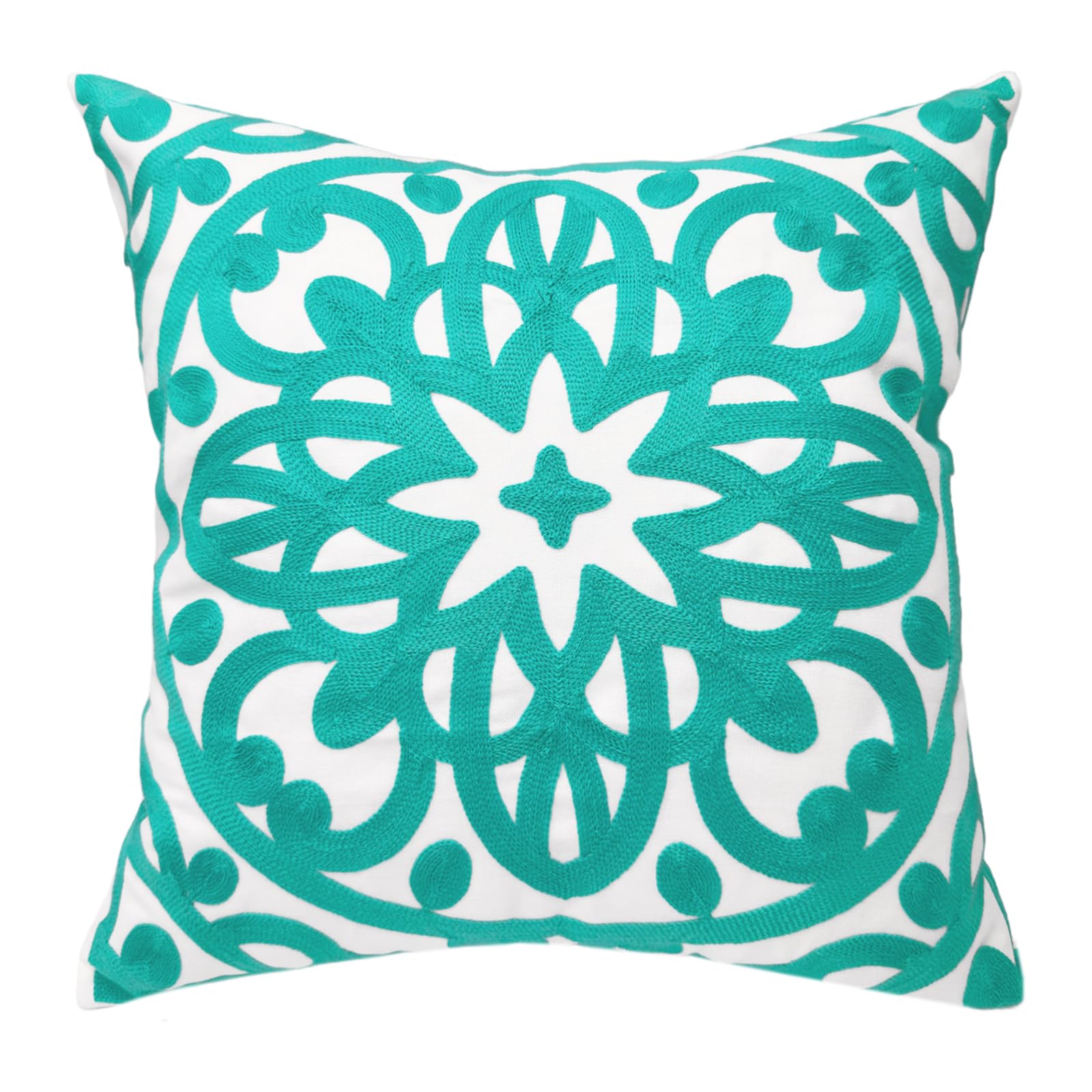 Alysheer Embroidered Decorative Throw Pillow Cover 18" x 18", Classic Modern Stylish Mandala Turquoise Embroidery Patterned Cotton Aqua Green Cushion