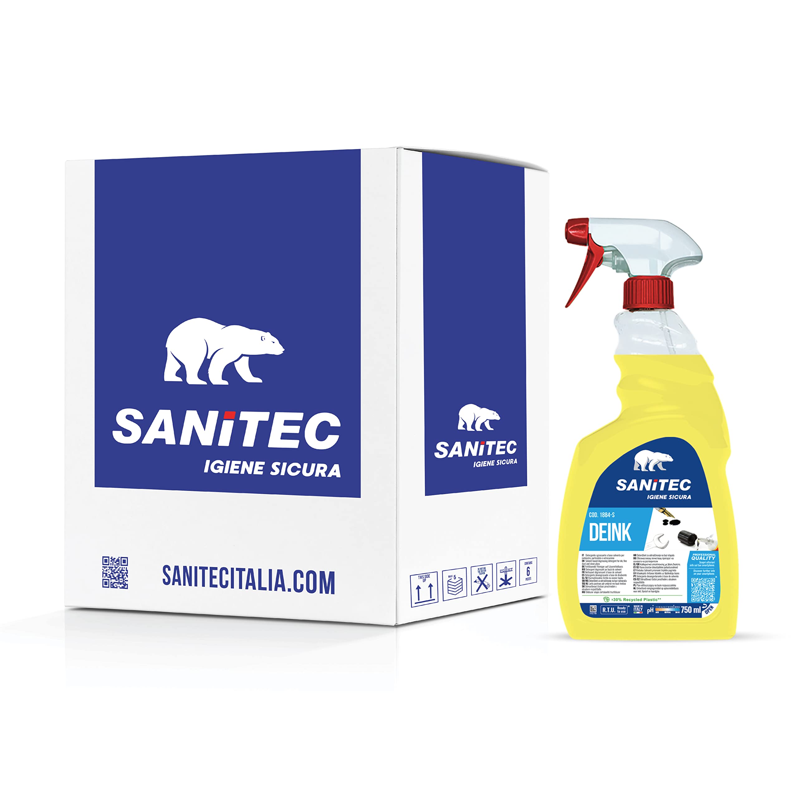 SANITEC igiene sicura Deink, Detergente Profumato, Sgrassante Specifico ed Efficace per Inchiostro, Colla, Grasso e Graffiti, Pulizia Senza Risciacquo e Senza Aloni, Made in Italy, 6 Flaconi 750 ml