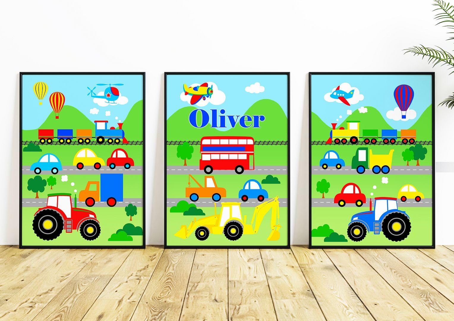 Rubybloom Designs Vehicle Nursery Prints Personalised - Set of 3 Prints UNFRAMED - Boy Name Childrens Car Bus Fire Engine Baby Wall Art Decor Print Picture Gift