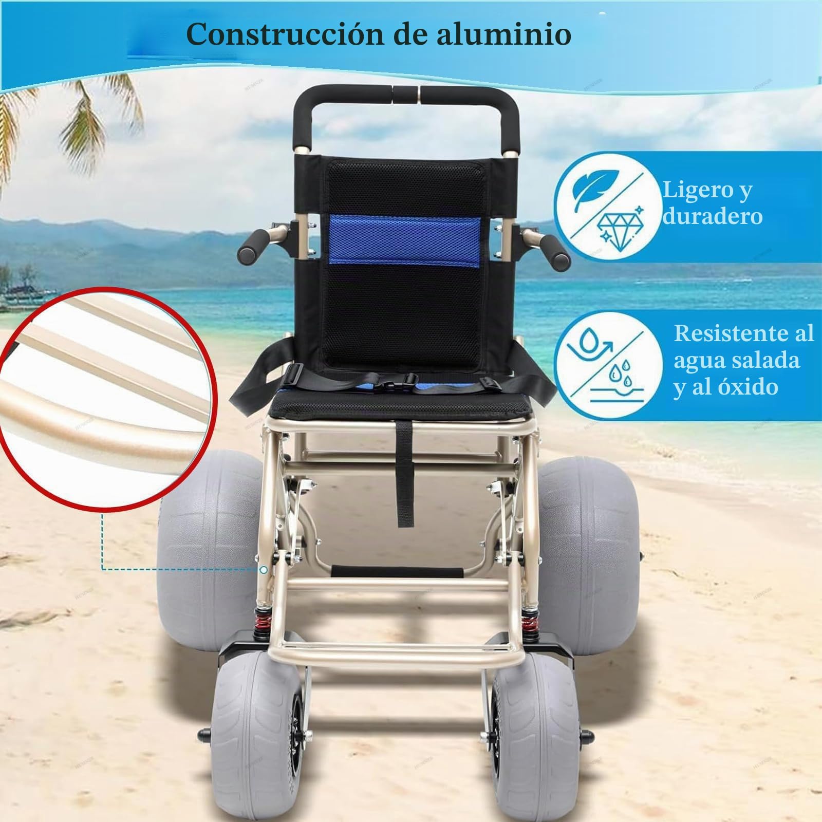 Silla De Ruedas Ligera Para Playa, Ideal Para Personas Mayores Y NiñOs, Todoterreno, Con NeumáTicos De Globo De 12'' Y 9'', DiseñO Plegable, Ruedas De LiberacióN RáPida, Capacidad De Carga De 220 Lb.