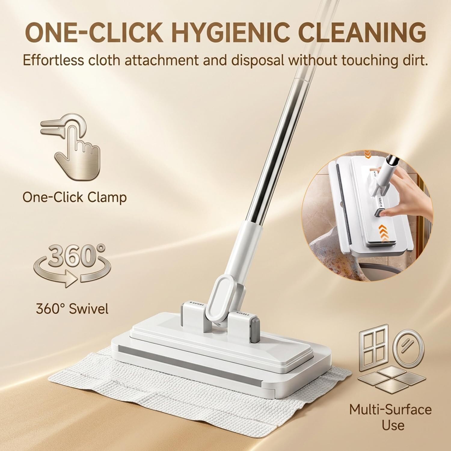 Clamp Mops for Floor Cleaning, Hands-Free Flat Mop with One-Click Cloth Grip, Swivel Head Wet Dry Mop, Extendable Handle, Use Any Cloth for Hardwood Tile Wall Cleaning