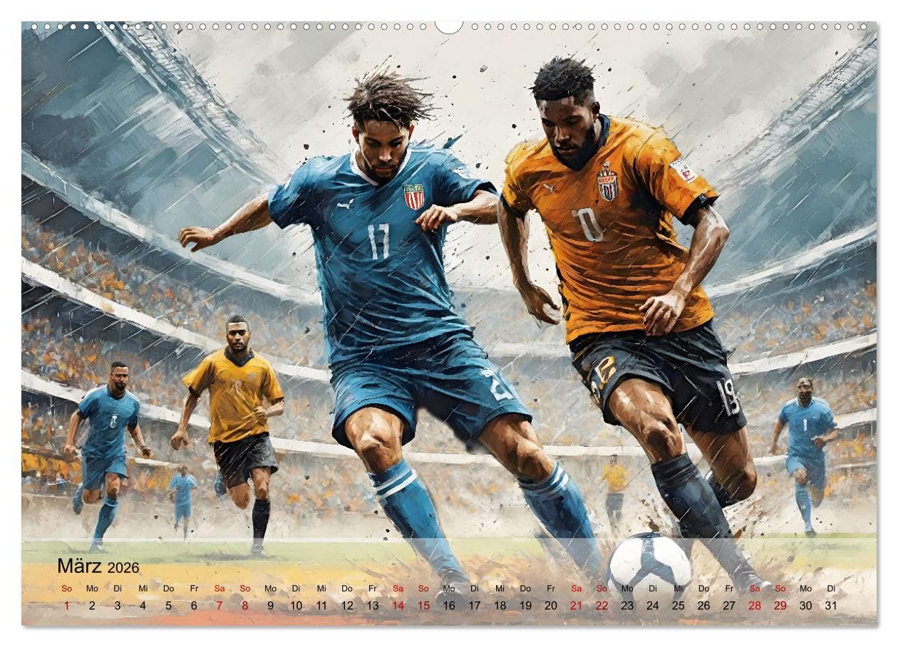 Fußball - Finale (hochwertiger Premium Wandkalender 2026 DIN A2 quer), Kunstdruck in Hochglanz: Atmosphärische Illustrationen dynamischer Spielszenen rund um das Thema Fußball (CALVENDO Sport)