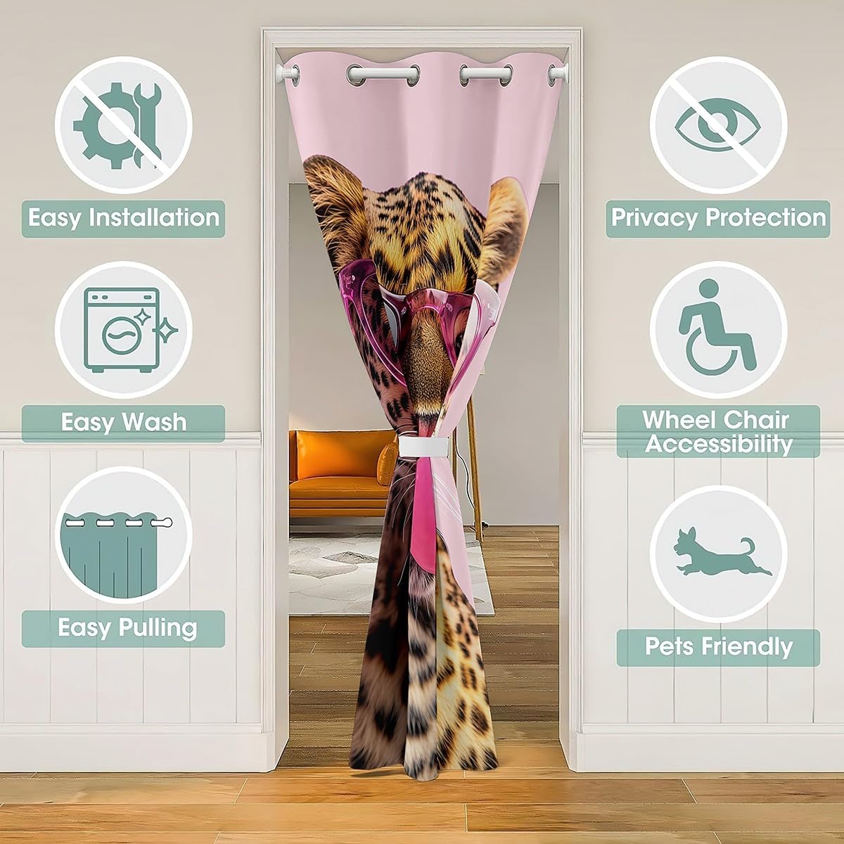 Manfei Leopard 1 Panel Doorway Curtain,Cool Pink Sunglasses Bubble Funny Wildlife Blackout Closet Door Curtain,African Wild Animal Brown Cheetah Fur Print Door Drape for Privacy Shading,80"×60"