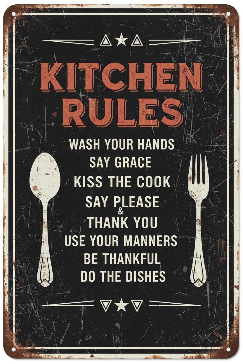 Retro Funny Kitchen Rules Tin Sign, 8x12 Inch Decor