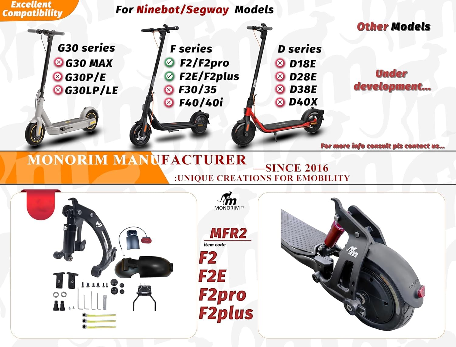 Monorim MFR2 Kit de suspension arrière pour scooter électrique Segway Ninebot F2, F2E, F2 Pro, F2 Plus