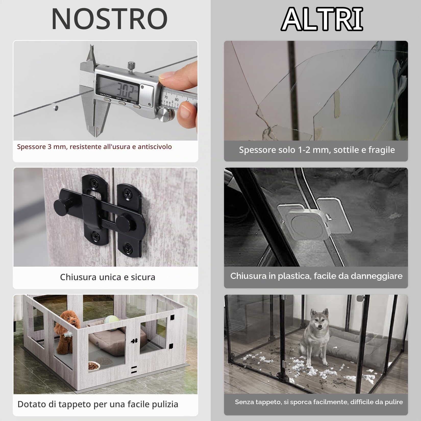 Recinto Box Parto per Cani Vetro Temperato Alto 60cm Legno Telaio 120x118cm