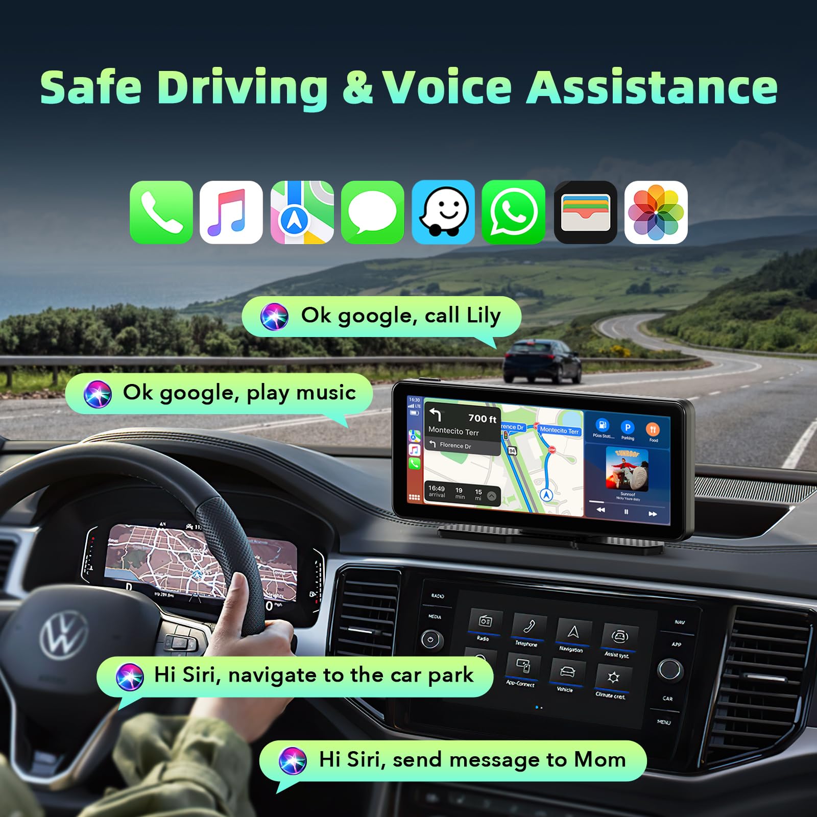 LAMTTO Autoradio Wireless CarPlay & Android Auto, Portatile Car Play Display Auto con Schermo Touch 6,86 Pollici, 1080P Retrocamera Bluetooth Navigazione/Mirror Link/Assistente Vocale/FM/AUX