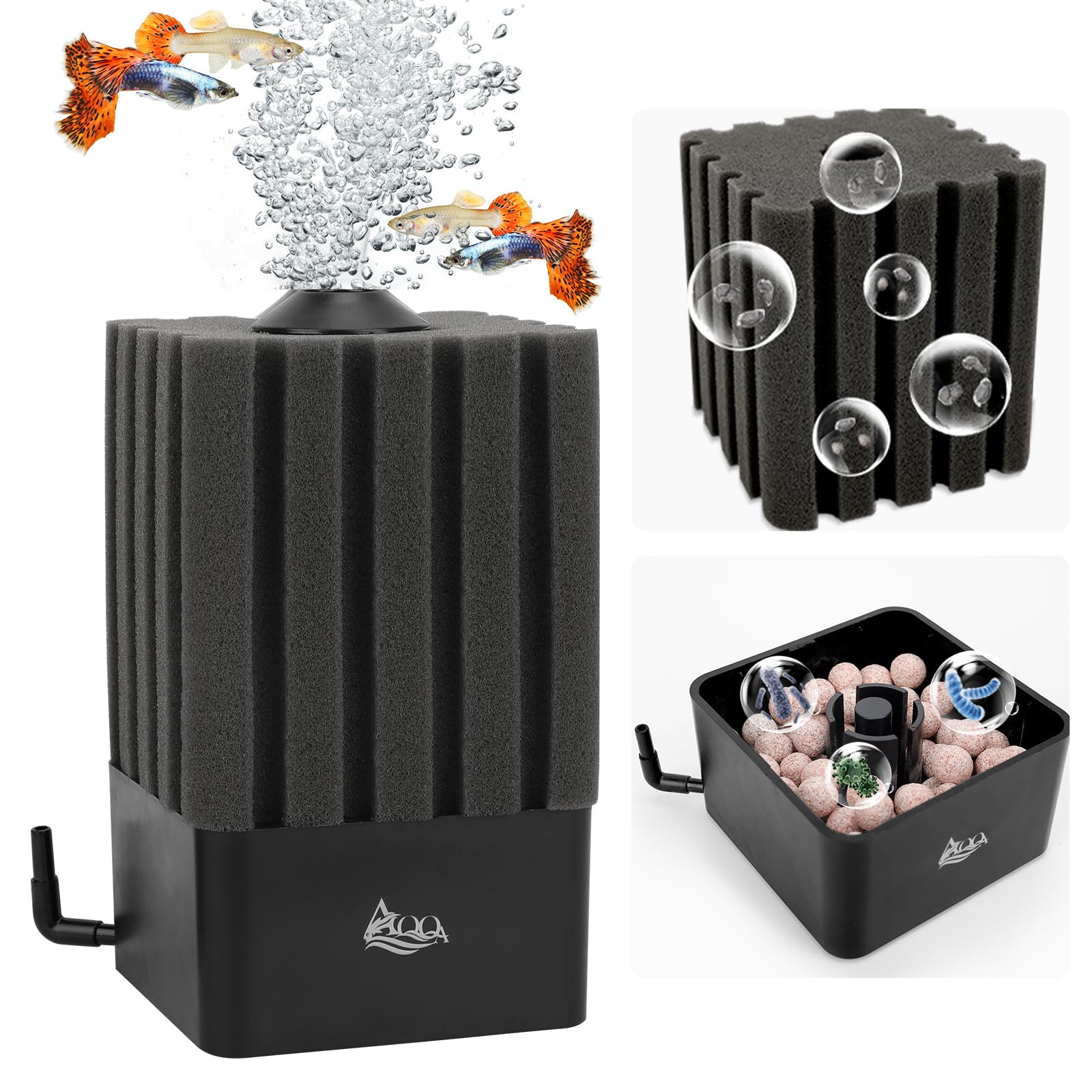 AQQA スポンジフィルター 小型 投げ込み式フィルター ろ材入れる可能 生物ろ過 物理ろ過 エアーリフト酸素増加 淡水海水両用 水槽フィルター バイオ ろ過 水質改善 水槽濾過 濾過装置 臭気除去 汚れ分解 メダカ めだか 金魚 稚魚 熱帯魚 観賞魚 飼育 (Sサイズ(10*6*6cm))