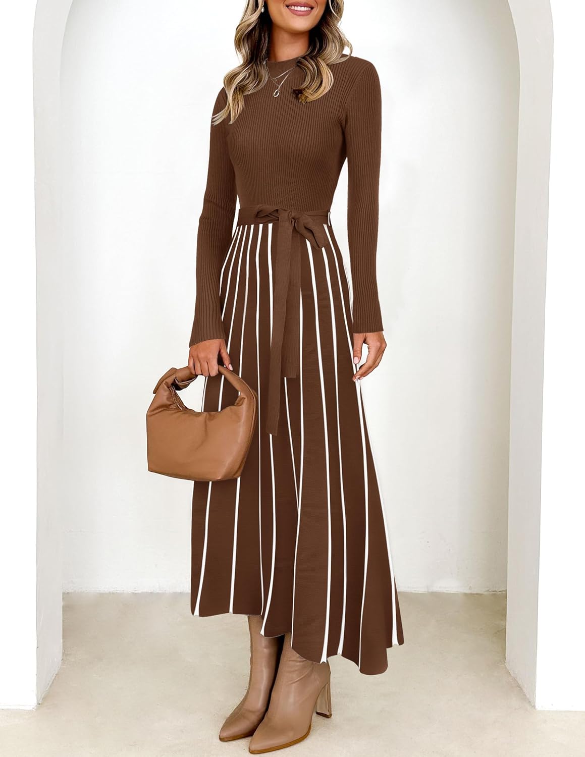 ZESICA Womens 2026 Spring Turtleneck Long Sleeve Sweater Dress Tie Waist Casual Loose Ribbed Knit A Line Midi Dresses - Image 3