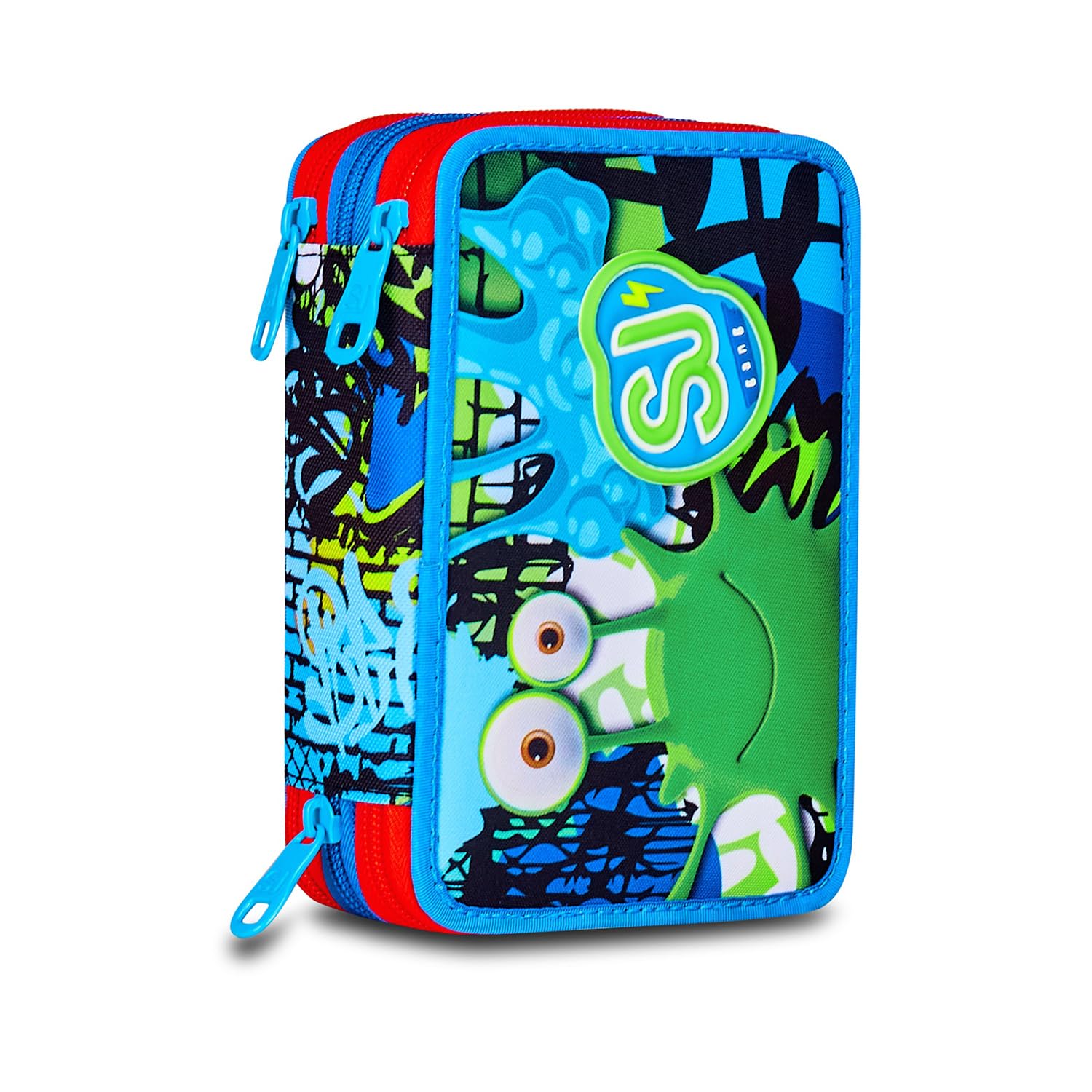SJ GANG STYLE JAM GANG Astuccio Scuola 3 Zip,​Blu, Portapenne Triplo Scomparto Completo Di Penne, Matite, Colori, Accessori Zaino, Scuola Elementare, Bambino