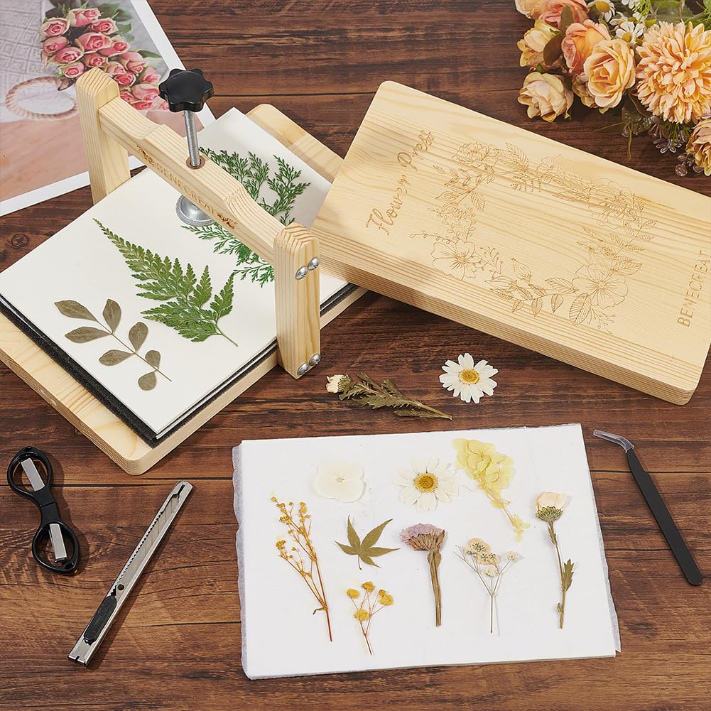 BENECREAT Kit de Prensa de Flores, Tablero de Madera para Prensar Flores Rectangular de 6 Capa Y 24.9x15cm con Bolsa de Papel Secante Y Herramientas de Corte, Juego de Herramientas para Secar Plantas