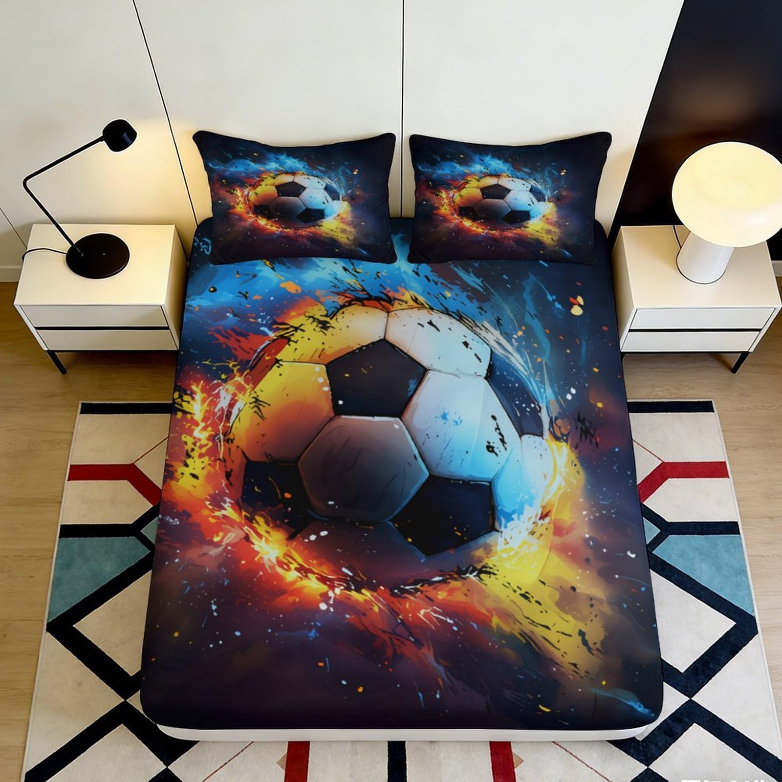 3D Printed Fiery Soccer Ball Fitted Sheet Microfiber Soft Breathable Explosive Ball Bed Cover for Bedroom Dormitory Guest Room Mattress Protection 120x200x25cm